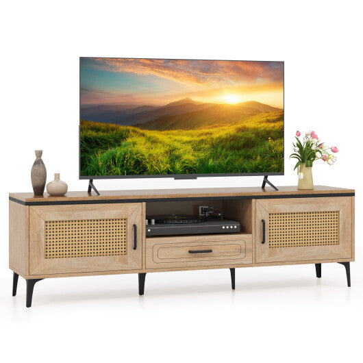 Mid Century Modern Entertainment Center with 2 Cabinets and Storage Drawer-Oak W2B