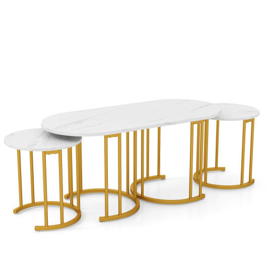 Nesting Coffee Table Set of 3 with Faux Marble Tabletop and Powder-coated Gold Metal Frame-White W2B