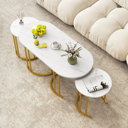 Nesting Coffee Table Set of 3 with Faux Marble Tabletop and Powder-coated Gold Metal Frame-White W2B