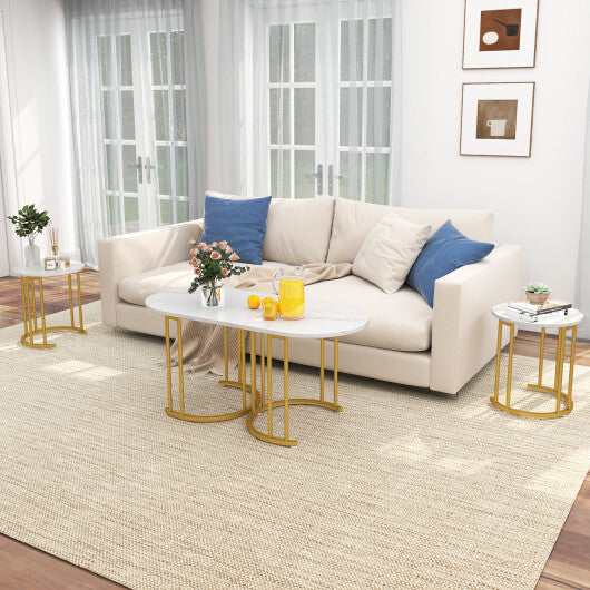 Nesting Coffee Table Set of 3 with Faux Marble Tabletop and Powder-coated Gold Metal Frame-White W2B