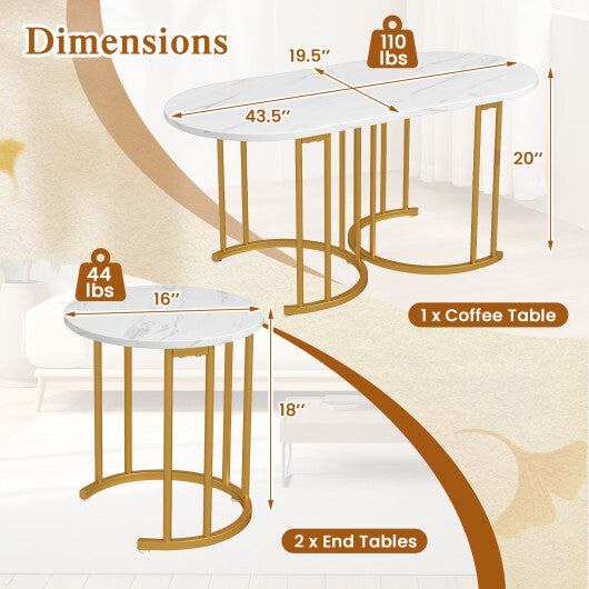 Nesting Coffee Table Set of 3 with Faux Marble Tabletop and Powder-coated Gold Metal Frame-White W2B