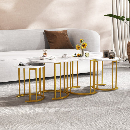 Nesting Coffee Table Set of 3 with Faux Marble Tabletop and Powder-coated Gold Metal Frame-White W2B