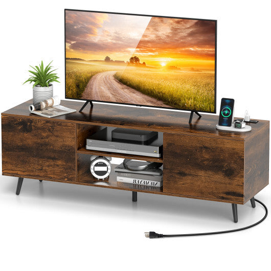 TV Stand with Power Outlets and Adjustable Shelf for 60 Inch TVs-Rustic Brown W2B