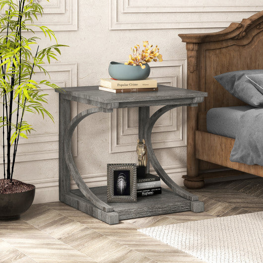 C-shaped 24 Inch 2 Tier Square End Table Sofa Side Table-Grey W2B