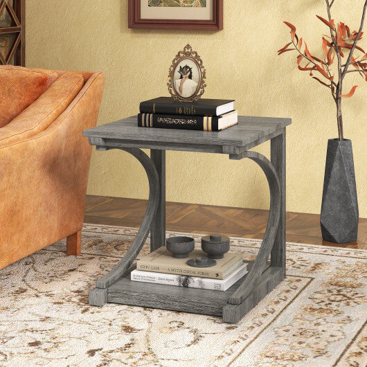 C-shaped 24 Inch 2 Tier Square End Table Sofa Side Table-Grey W2B