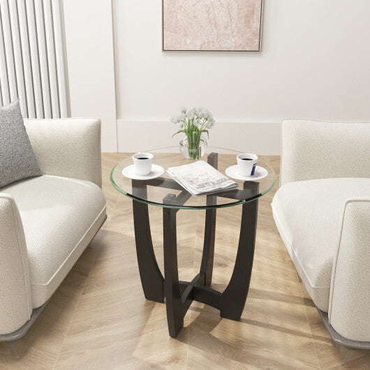 23.5 Inch Round End Side Table with Tempered Glass Tabletop-Black W2B