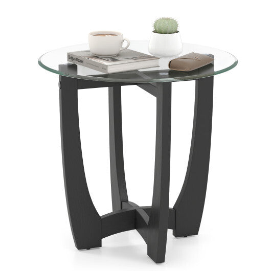 23.5 Inch Round End Side Table with Tempered Glass Tabletop-Black W2B