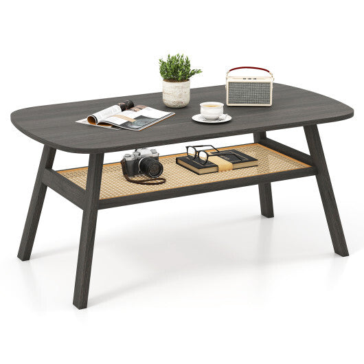 2-Tier Rectangular Center Coffee Table with Rattan Storage Shelf and Rubber Wood Legs-Dark Gray W2B
