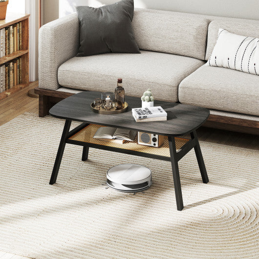 2-Tier Rectangular Center Coffee Table with Rattan Storage Shelf and Rubber Wood Legs-Dark Gray W2B