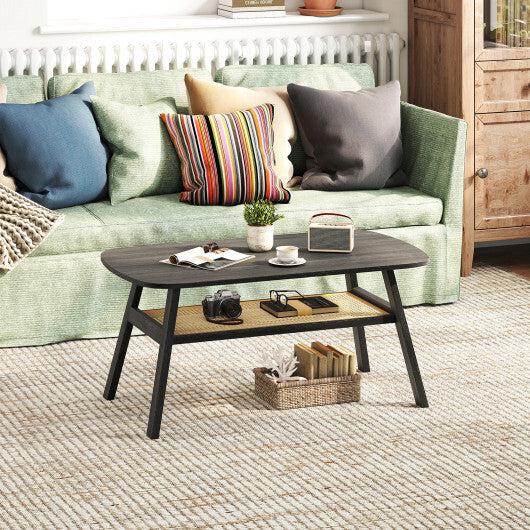 2-Tier Rectangular Center Coffee Table with Rattan Storage Shelf and Rubber Wood Legs-Dark Gray W2B