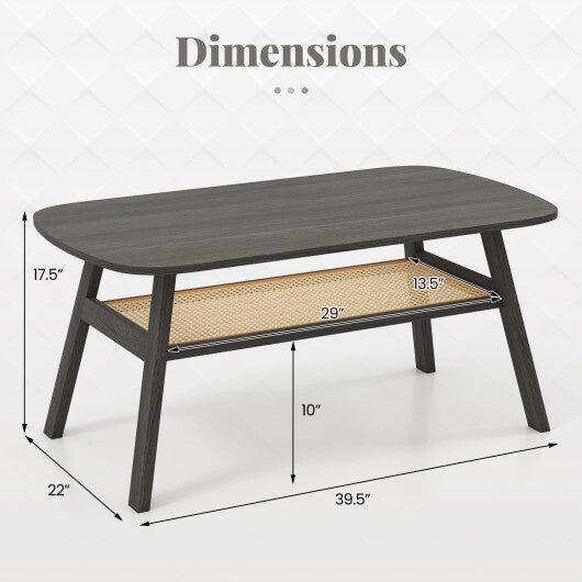 2-Tier Rectangular Center Coffee Table with Rattan Storage Shelf and Rubber Wood Legs-Dark Gray W2B