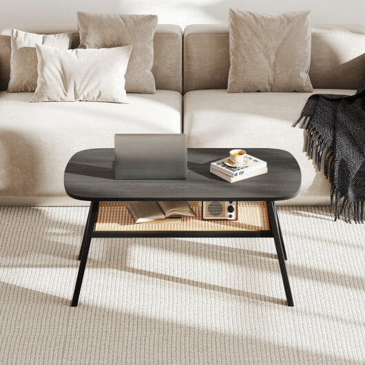 2-Tier Rectangular Center Coffee Table with Rattan Storage Shelf and Rubber Wood Legs-Dark Gray W2B