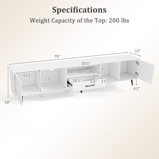79" TV Stand for TVs up to 90 Inches Entertainment Center Wood Media Console Table Modern Mid Century TV Cabinet-White W2B