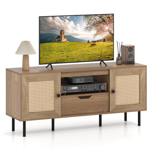 Boho TV Stand for 60 Inch TV Entertainment Center with Cabinets and Storage Shelf-Natural
