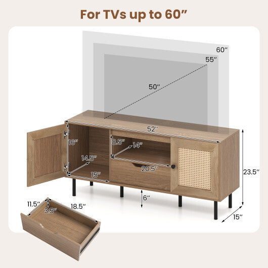 Boho TV Stand for 60 Inch TV Entertainment Center with Cabinets and Storage Shelf-Natural