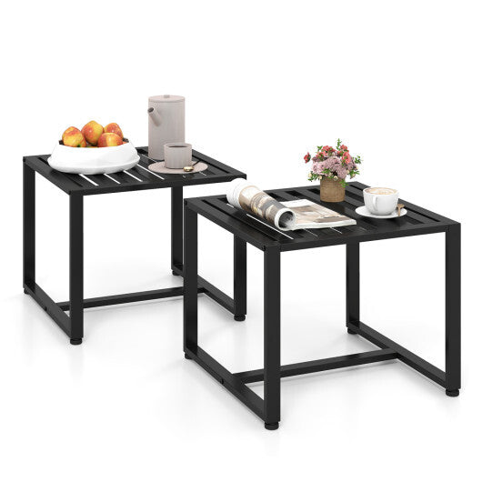 Set of 2 Metal End Tables with Slatted Tabletop-Black W2B