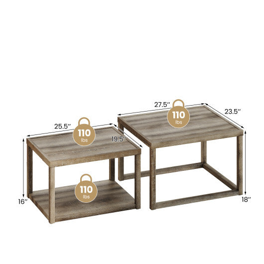 Nesting Coffee Table Set of 2 Stackable Rectangular End Tables-Gray