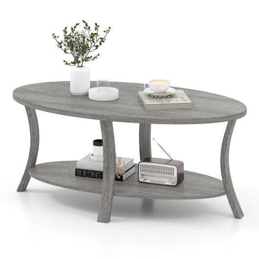 Oval Coffee Table 2-Tier Center Table with Storage Shelf-Gray W2B