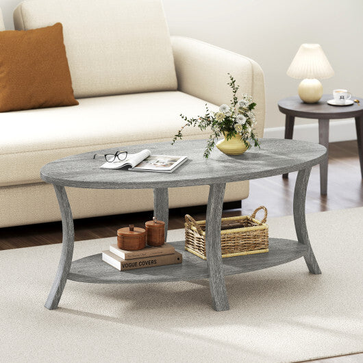 Oval Coffee Table 2-Tier Center Table with Storage Shelf-Gray W2B