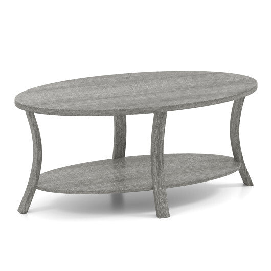 Oval Coffee Table 2-Tier Center Table with Storage Shelf-Gray W2B