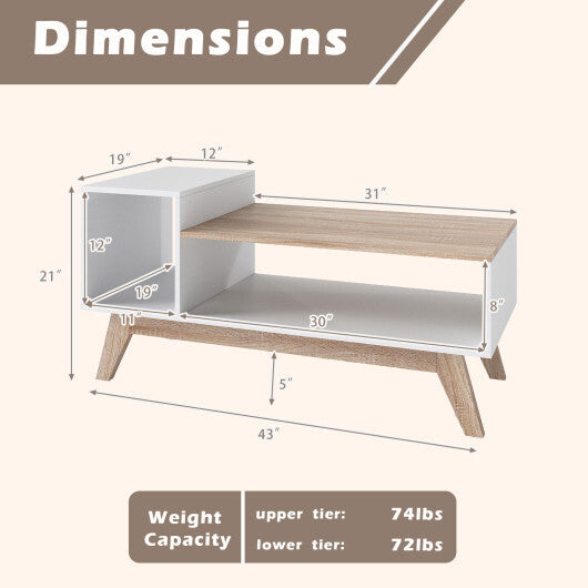 43 Inch Coffee Table with Stepped Tabletop and Storage Compartments-White W2B