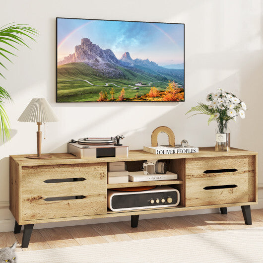 Mid Century Modern TV Stand with Sliding Doors and Cable Hole for 65 Inch TVs-Natural W2B