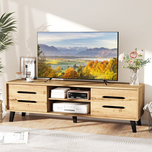 Mid Century Modern TV Stand with Sliding Doors and Cable Hole for 65 Inch TVs-Natural W2B