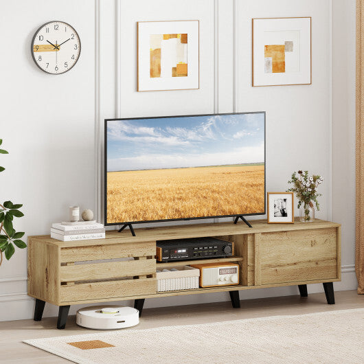 Mid Century Modern TV Stand for 80 Inch TVs with Sliding Door Cabinets and Storage Shelves-Oak W2B
