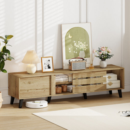 Mid Century Modern TV Stand for 80 Inch TVs with Sliding Door Cabinets and Storage Shelves-Oak W2B