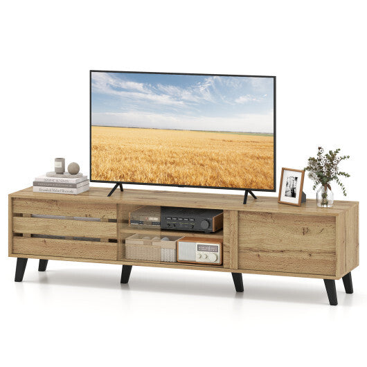 Mid Century Modern TV Stand for 80 Inch TVs with Sliding Door Cabinets and Storage Shelves-Oak W2B