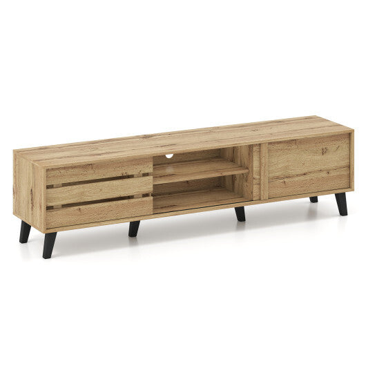 Mid Century Modern TV Stand for 80 Inch TVs with Sliding Door Cabinets and Storage Shelves-Oak W2B