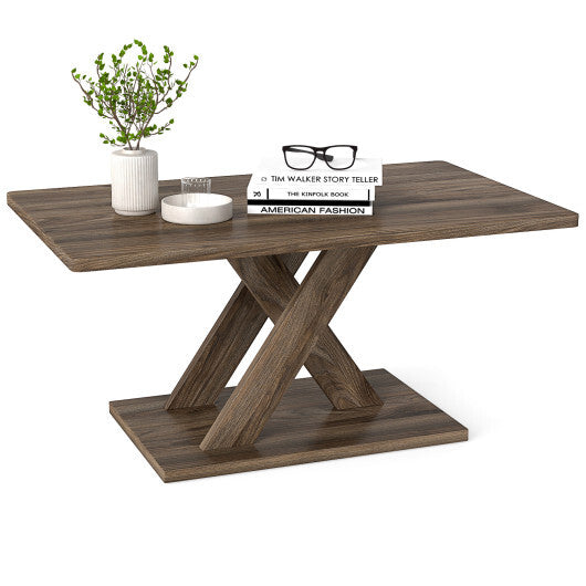 37.5 Inch Rectangular Coffee Table with Stable Base and Rubber Wood Connection for Living Room-Brown W2B