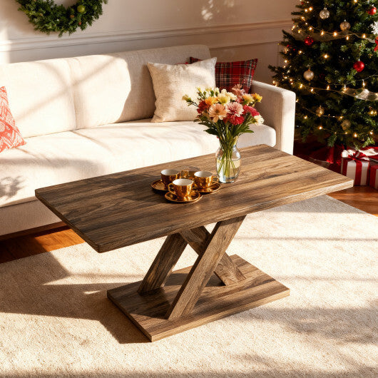 37.5 Inch Rectangular Coffee Table with Stable Base and Rubber Wood Connection for Living Room-Brown W2B
