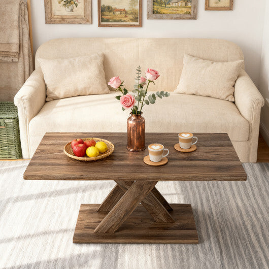 37.5 Inch Rectangular Coffee Table with Stable Base and Rubber Wood Connection for Living Room-Brown W2B