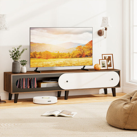 TV Stand for 80 Inch TVs Mid Century Modern Entertainment Center with Sliding Door Cabinet-Walnut W2B