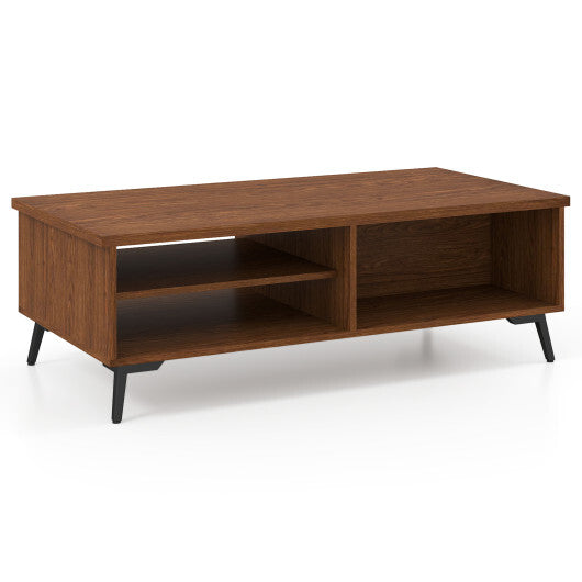2-Tier Mid Century Modern Coffee Table with Storage Shelves Compartments-Walnut W2B
