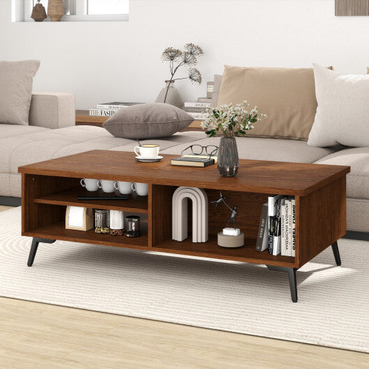 2-Tier Mid Century Modern Coffee Table with Storage Shelves Compartments-Walnut W2B