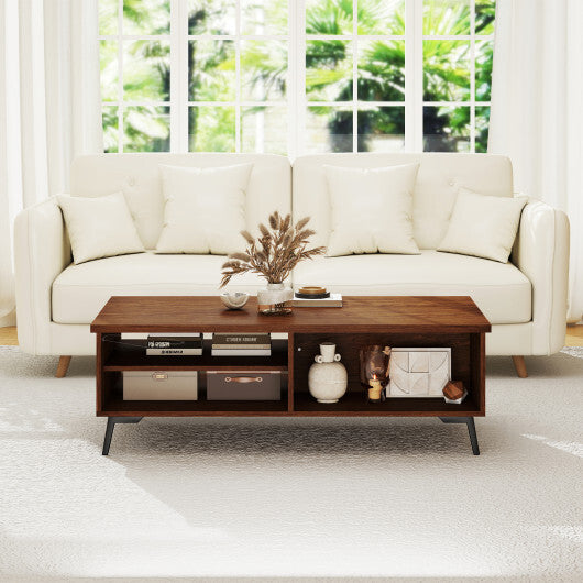 2-Tier Mid Century Modern Coffee Table with Storage Shelves Compartments-Walnut W2B