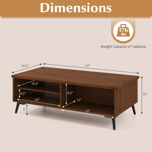 2-Tier Mid Century Modern Coffee Table with Storage Shelves Compartments-Walnut W2B