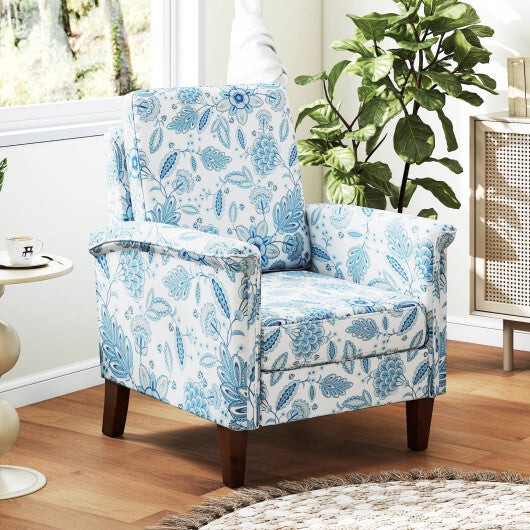 Floral Accent Chair Farmhouse Boho Armchair with Solid Wood Legs and High Back-Blue W2B