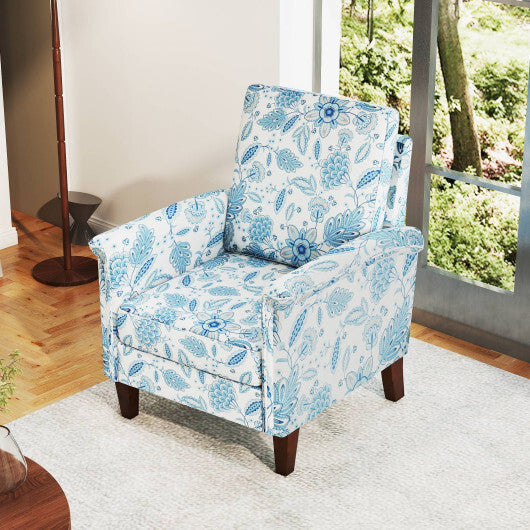 Floral Accent Chair Farmhouse Boho Armchair with Solid Wood Legs and High Back-Blue W2B