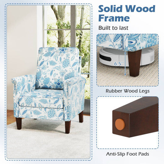 Floral Accent Chair Farmhouse Boho Armchair with Solid Wood Legs and High Back-Blue W2B