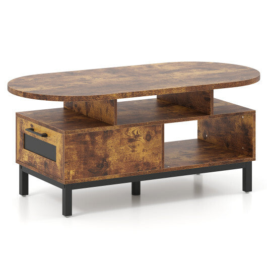 47 Inch Oval Coffee Table with Storage and Open Compartments for Living Room-Rustic Brown W2B