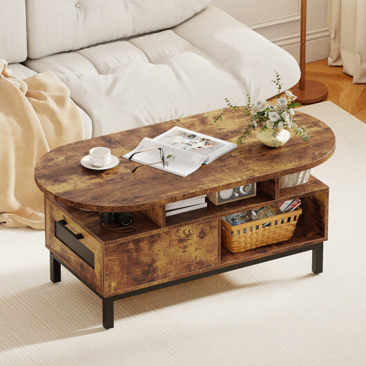 47 Inch Oval Coffee Table with Storage and Open Compartments for Living Room-Rustic Brown W2B