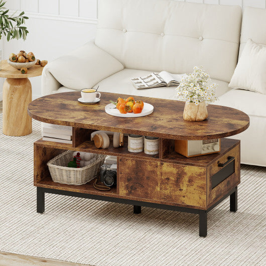47 Inch Oval Coffee Table with Storage and Open Compartments for Living Room-Rustic Brown W2B