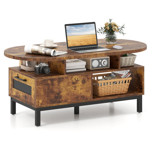 47 Inch Oval Coffee Table with Storage and Open Compartments for Living Room-Rustic Brown W2B