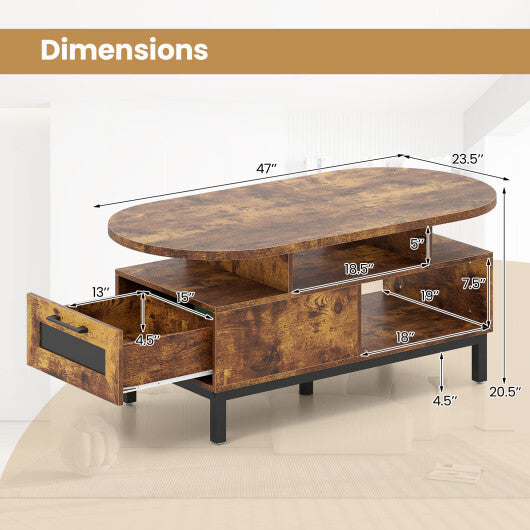 47 Inch Oval Coffee Table with Storage and Open Compartments for Living Room-Rustic Brown W2B