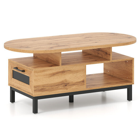 47 Inch Oval Coffee Table with Storage and Open Compartments for Living Room-Rustic Brown W2B