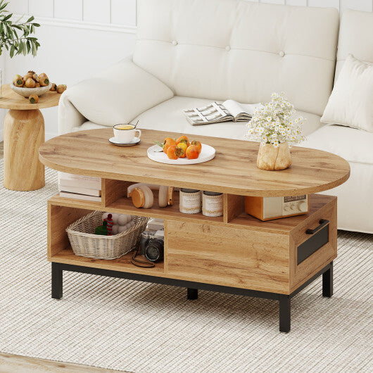 47 Inch Oval Coffee Table with Storage and Open Compartments for Living Room-Rustic Brown W2B