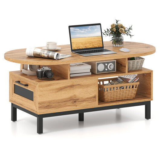 47 Inch Oval Coffee Table with Storage and Open Compartments for Living Room-Rustic Brown W2B